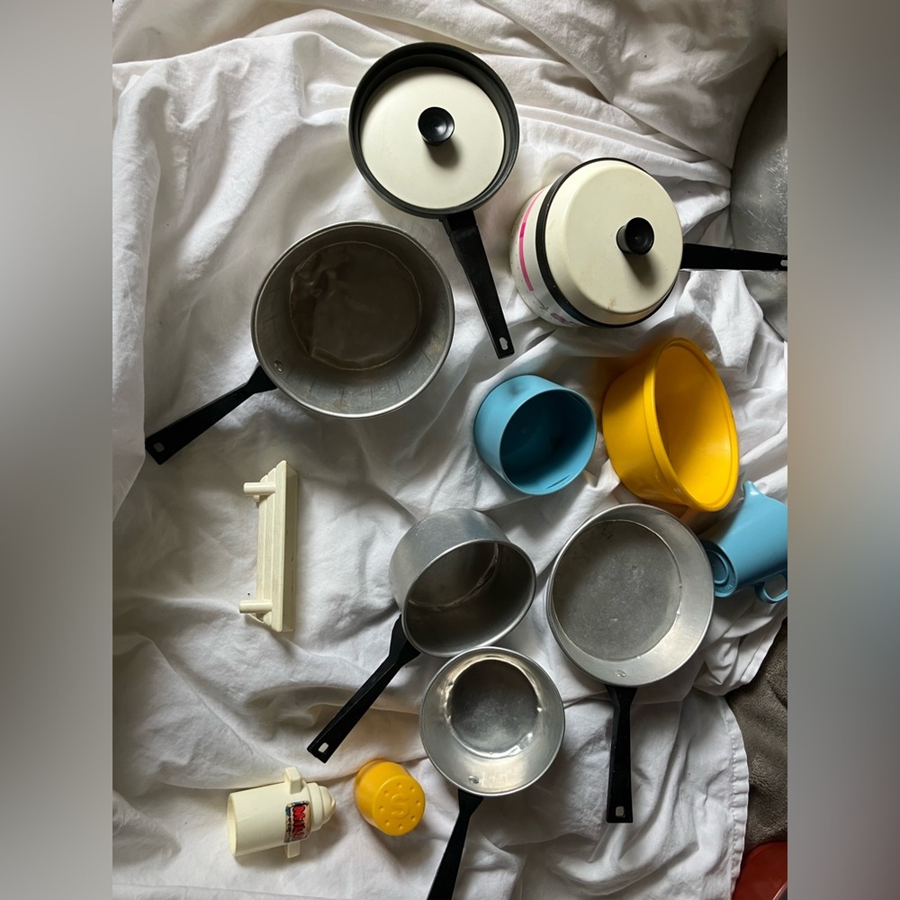 Vintage kitchen toys pans lids bowls pitcher, some Fisher Price & Chilton Globe